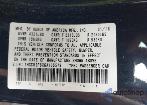 2016 Honda Accord Ex-L из США, поврежденный, VIN 1HGCR2F8XGA105579